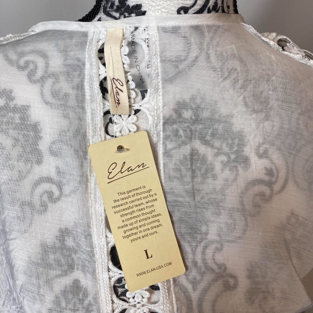 Elan Crochet Tie Front Crop Top White lightweight bell sleeve tie front. Size L - Picture 12 of 12